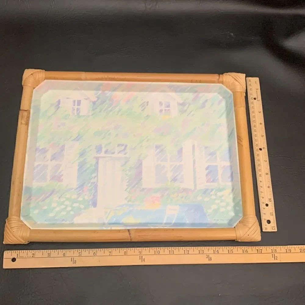 Camaxeu Garden Window Summer Scene Blue Green Acrylic Serving Tray Bamboo Edges